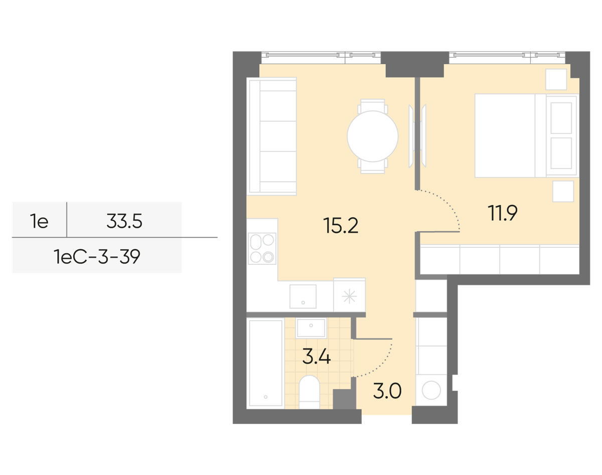 Исходная планировка 1-комнатная, 33,5 м²