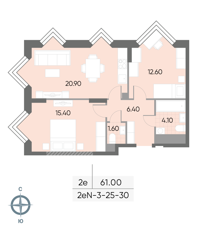 Исходная планировка 2-комнатная, 61 м²