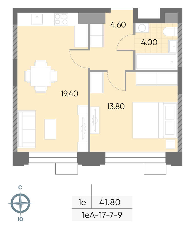 Исходная планировка 1-комнатная, 41,8 м²