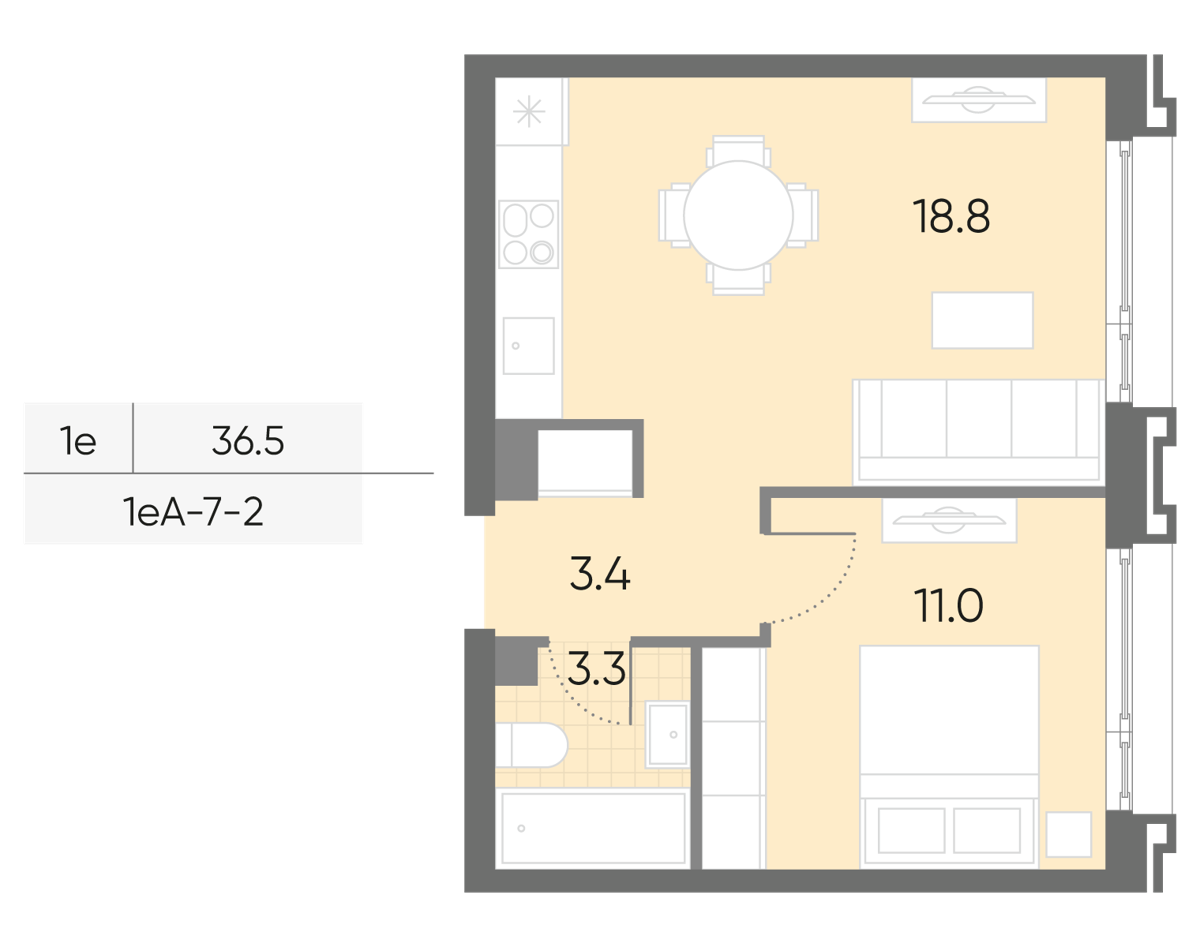 Исходная планировка 1-комнатная, 36,5 м²