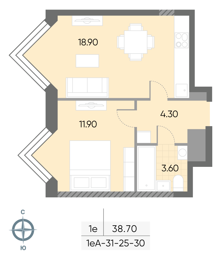 Исходная планировка 1-комнатная, 38,7 м²