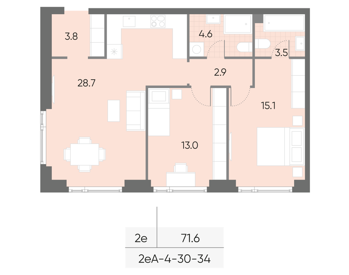 Исходная планировка 2-комнатная, 71,6 м²