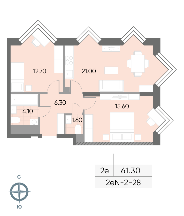 Исходная планировка 2-комнатная, 61,3 м²