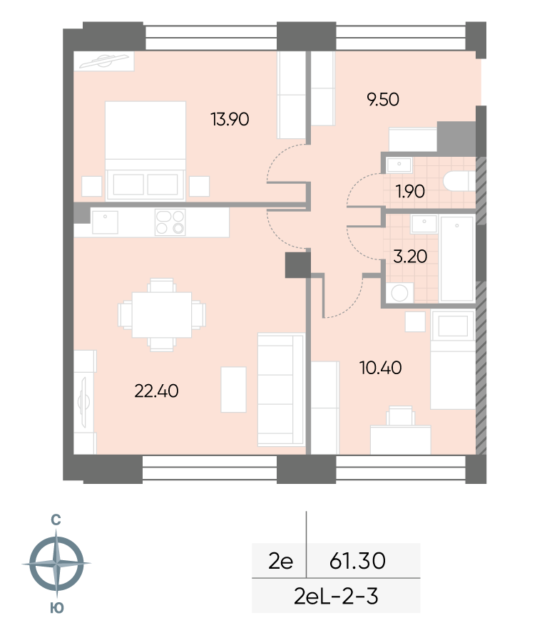 Исходная планировка 2-комнатная, 61,3 м²