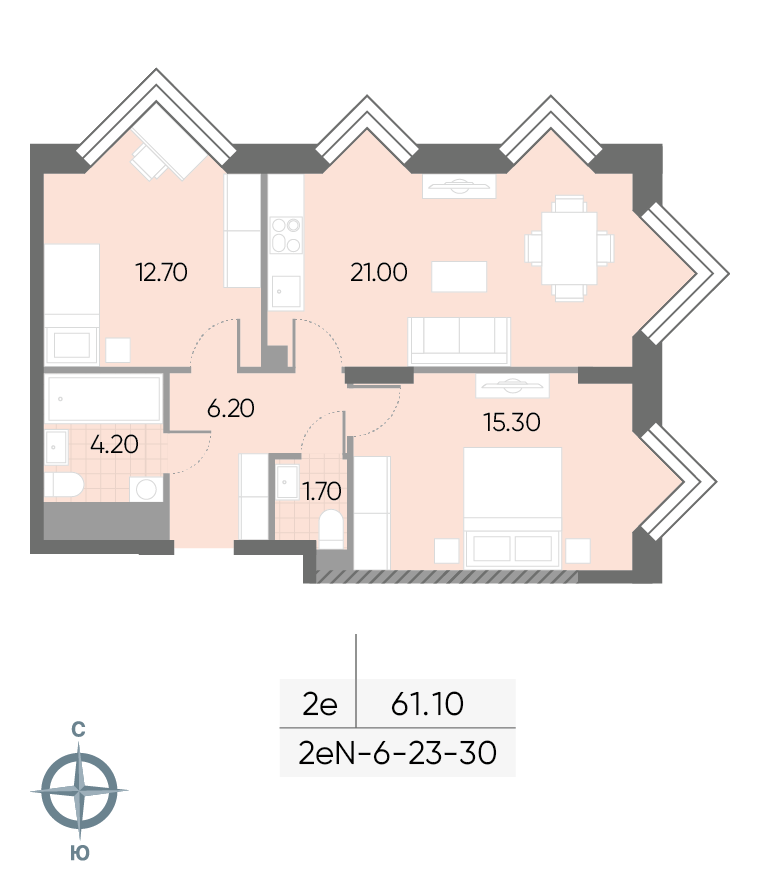 Исходная планировка 2-комнатная, 61,1 м²