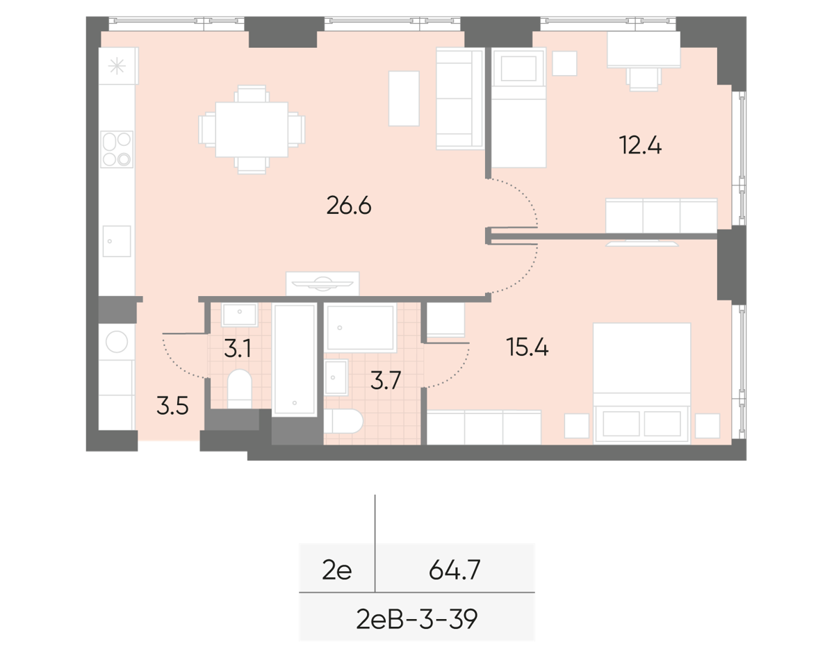 Исходная планировка 2-комнатная, 64,7 м²