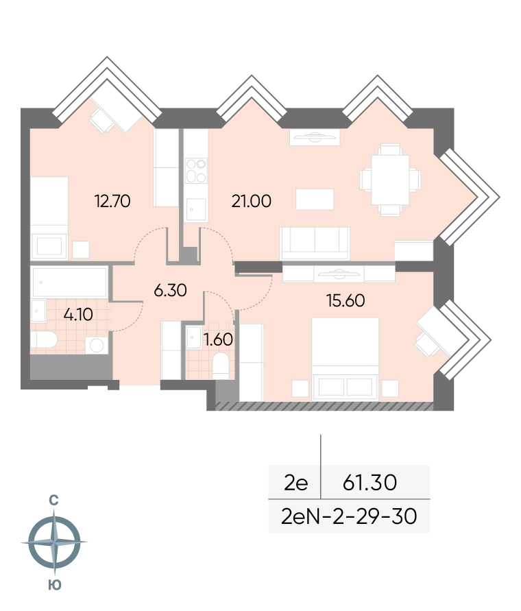 Исходная планировка 2-комнатная, 61,3 м²