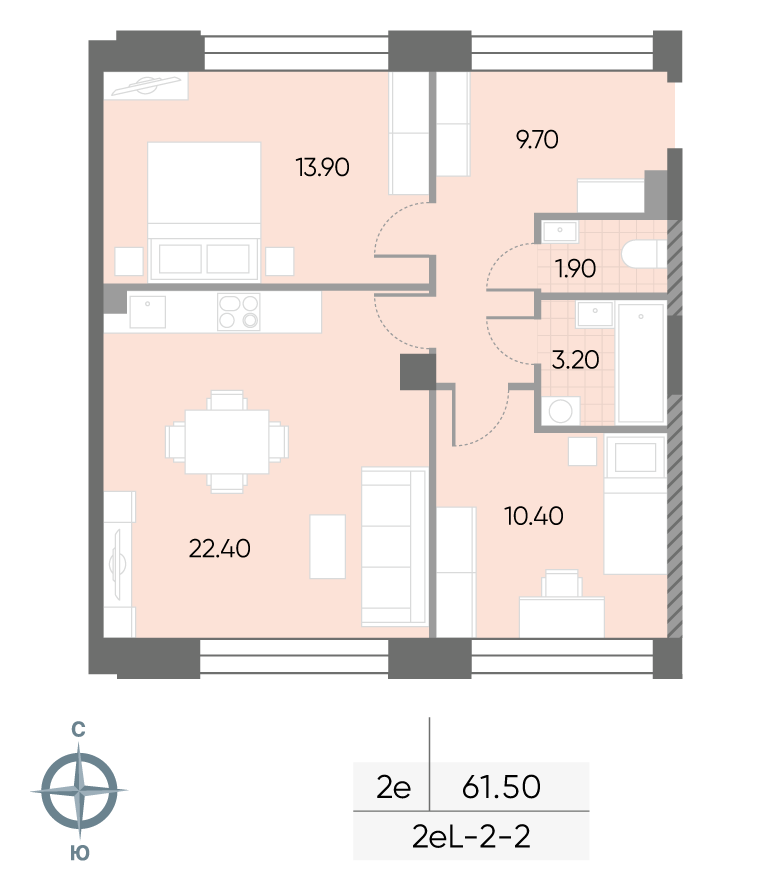 Исходная планировка 2-комнатная, 61,5 м²