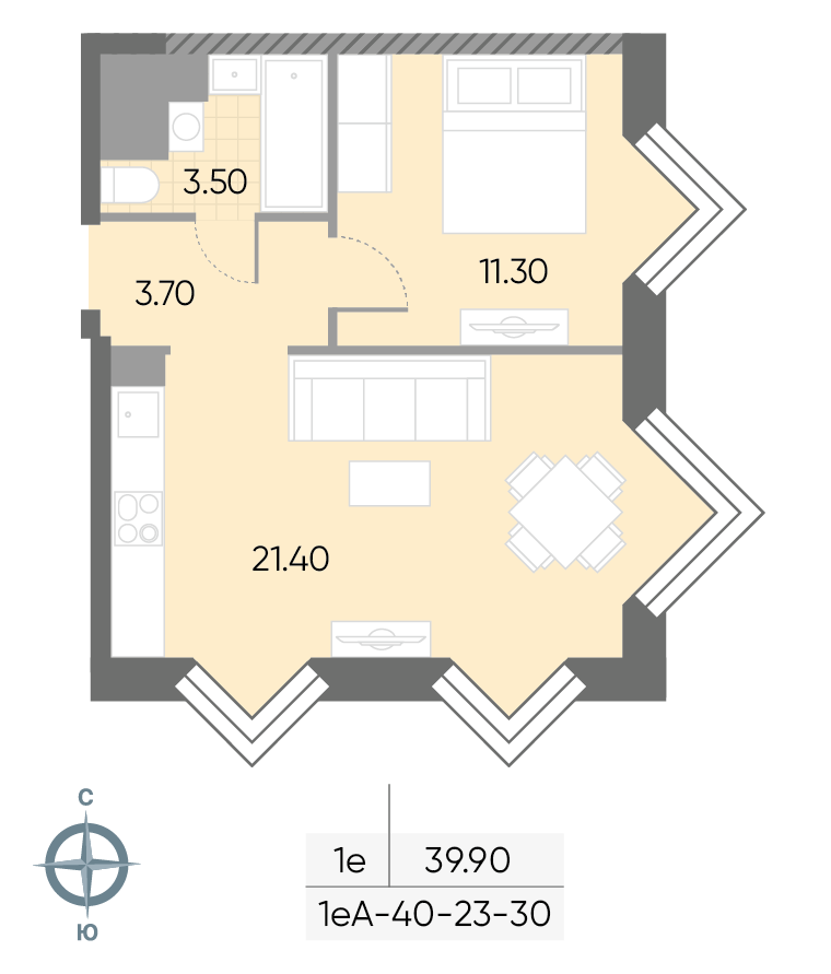 Исходная планировка 1-комнатная, 39,9 м²