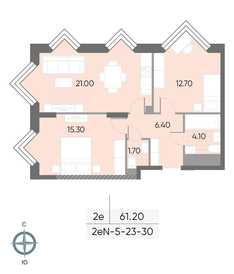 Исходная планировка 2-комнатная, 61,2 м²