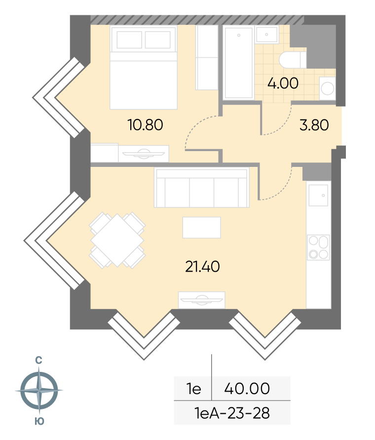 Исходная планировка 1-комнатная, 40 м²