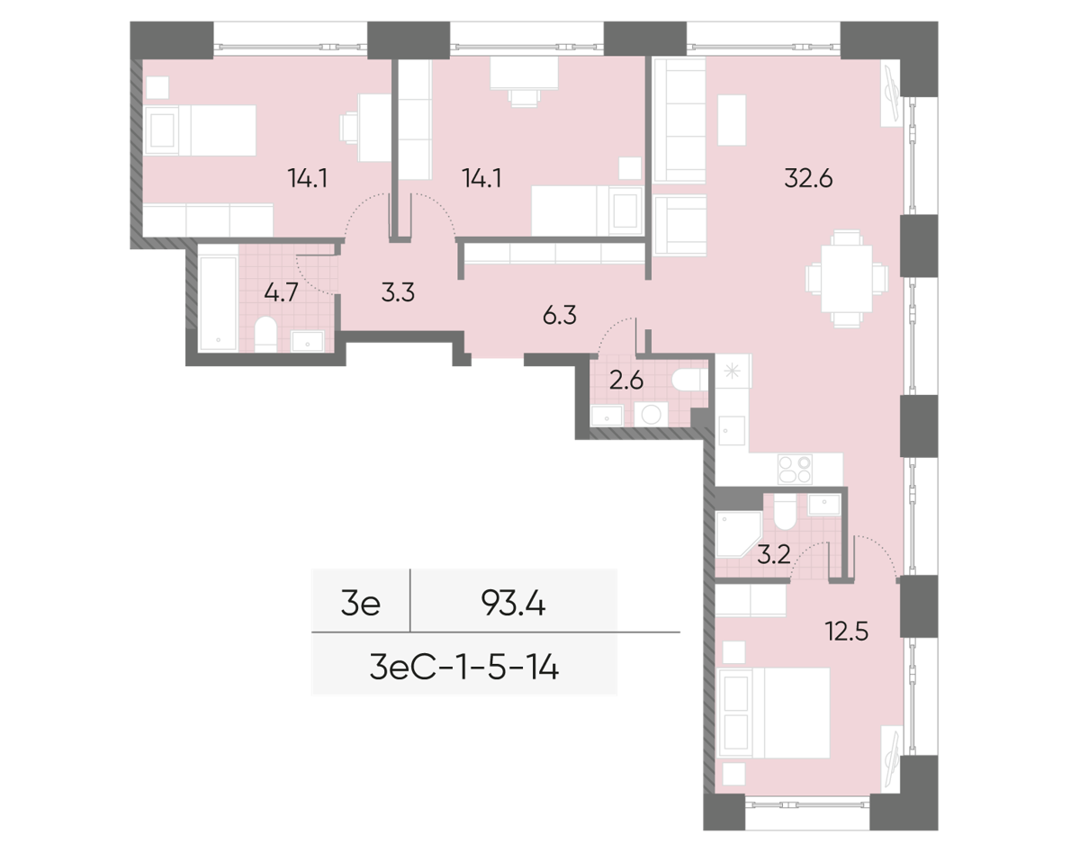 Исходная планировка 3-комнатная, 93,4 м²
