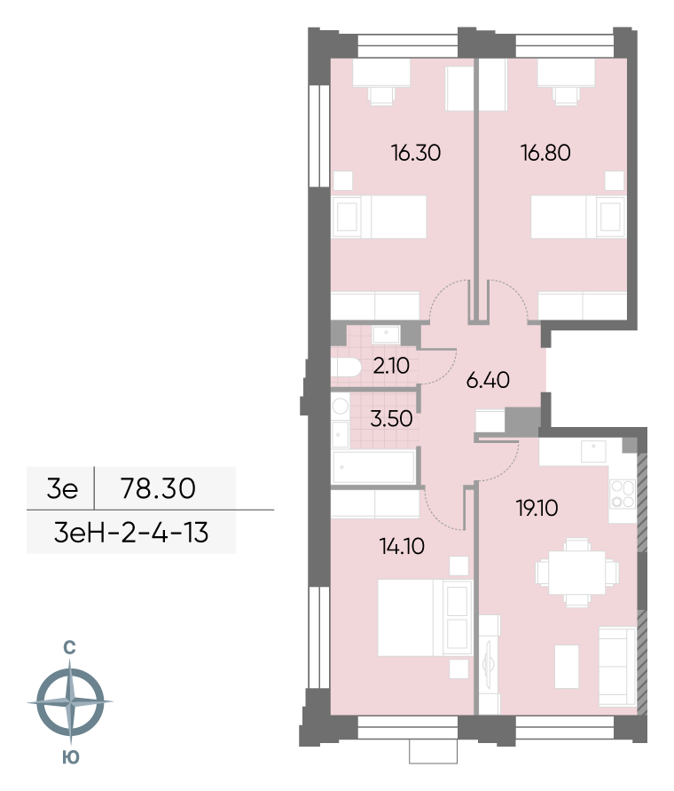 Исходная планировка 3-комнатная, 78,3 м²