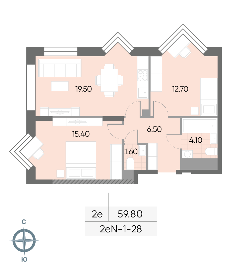 Исходная планировка 2-комнатная, 59,8 м²