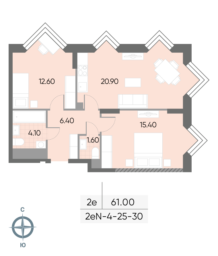 Исходная планировка 2-комнатная, 61 м²