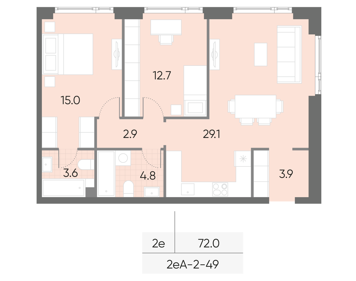 Исходная планировка 2-комнатная, 72 м²
