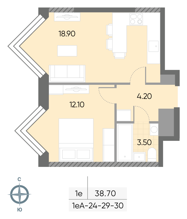 Исходная планировка 1-комнатная, 38,7 м²