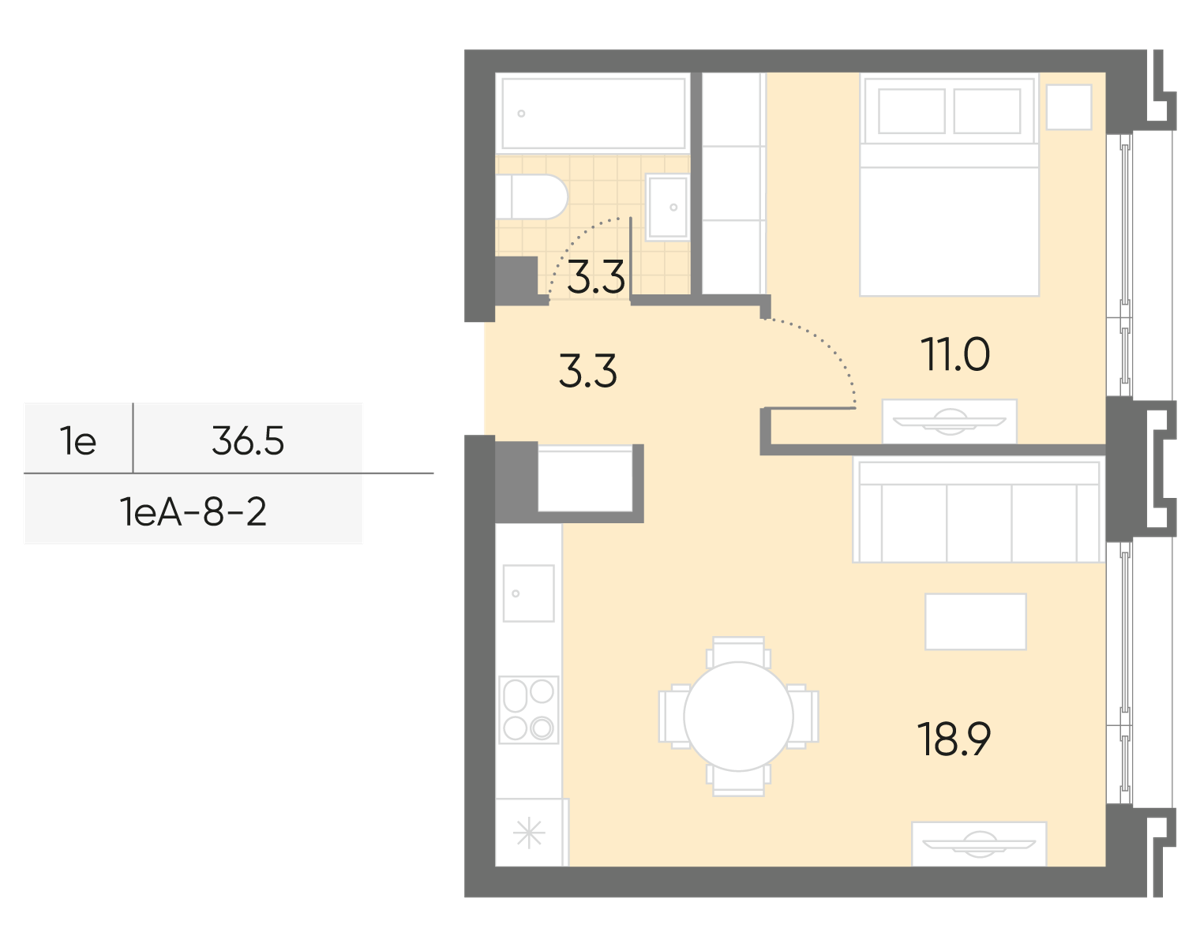 Исходная планировка 1-комнатная, 36,5 м²