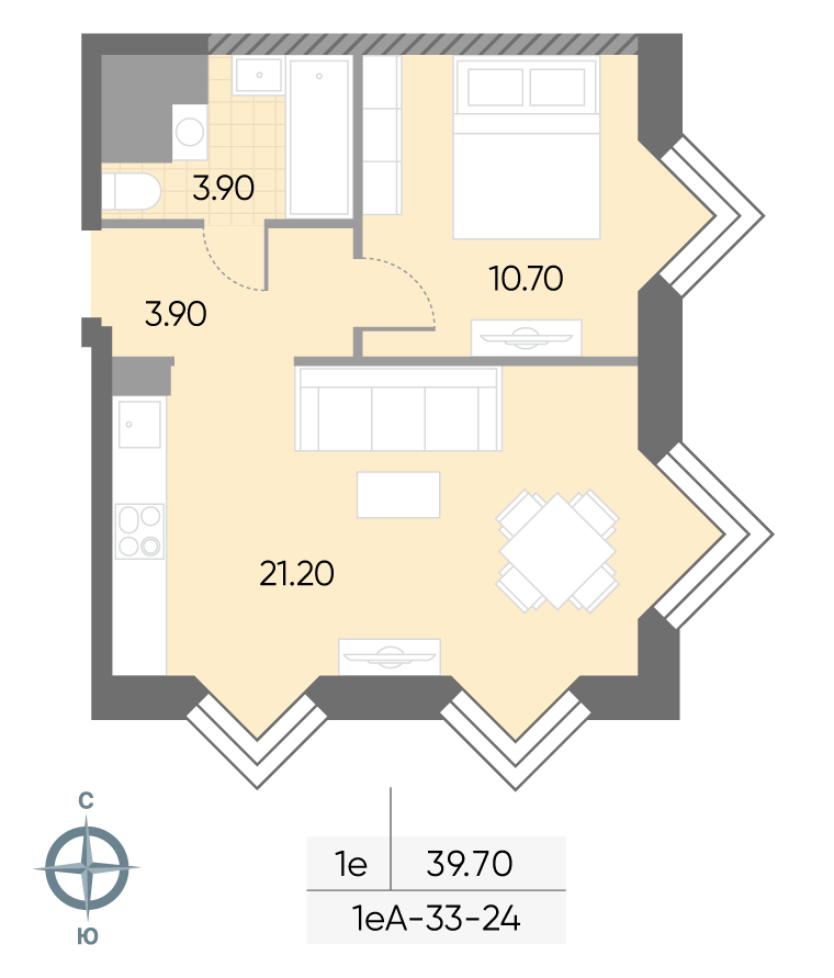 Исходная планировка 1-комнатная, 39,7 м²