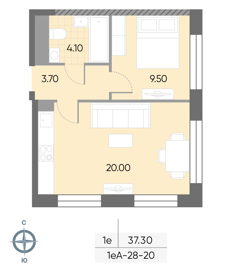 Исходная планировка 1-комнатная, 37,3 м²