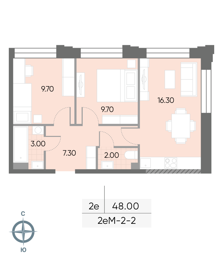 Исходная планировка 2-комнатная, 48 м²