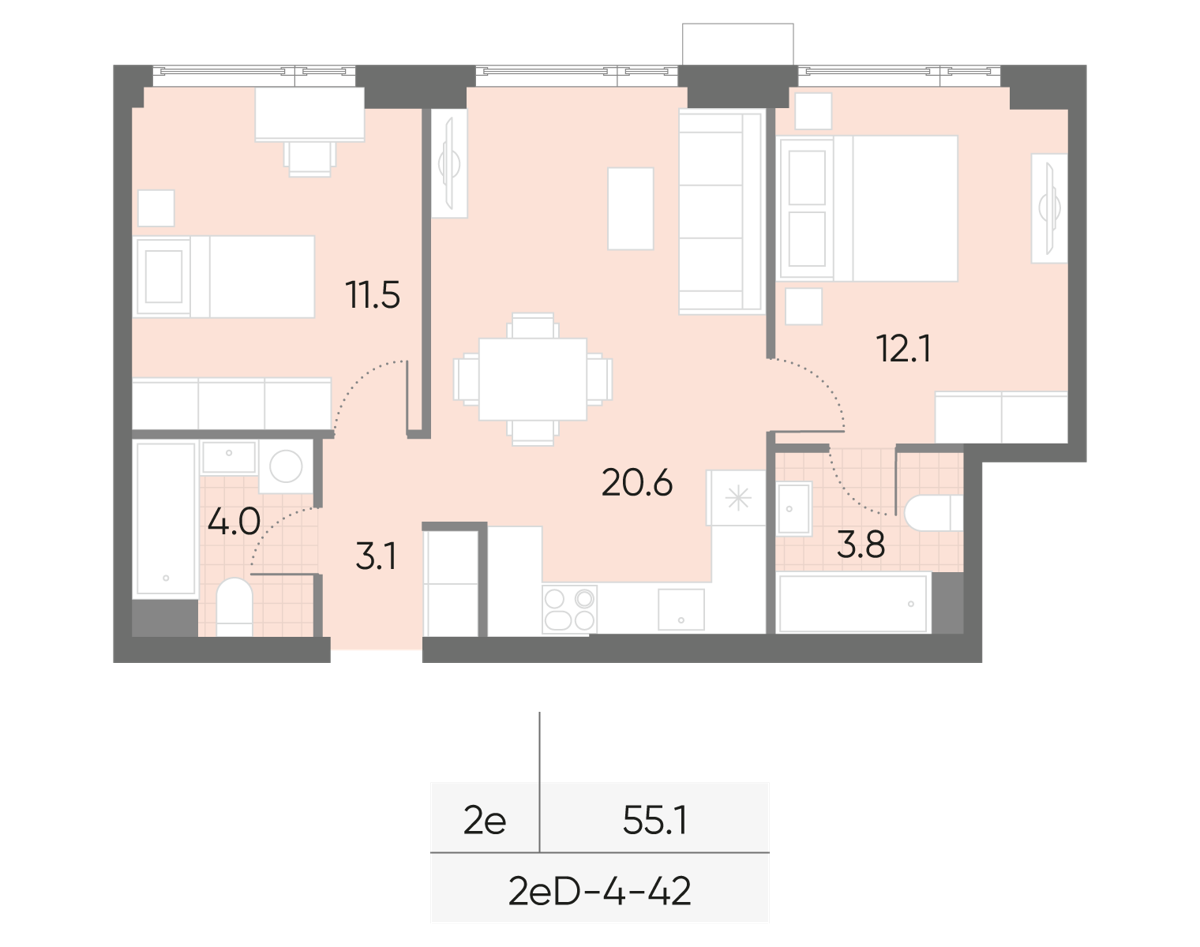 Исходная планировка 2-комнатная, 55,1 м²
