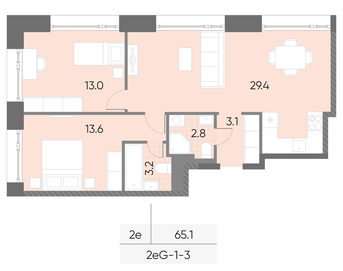 Исходная планировка 2-комнатная, 65,1 м²