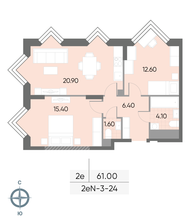 Исходная планировка 2-комнатная, 61 м²