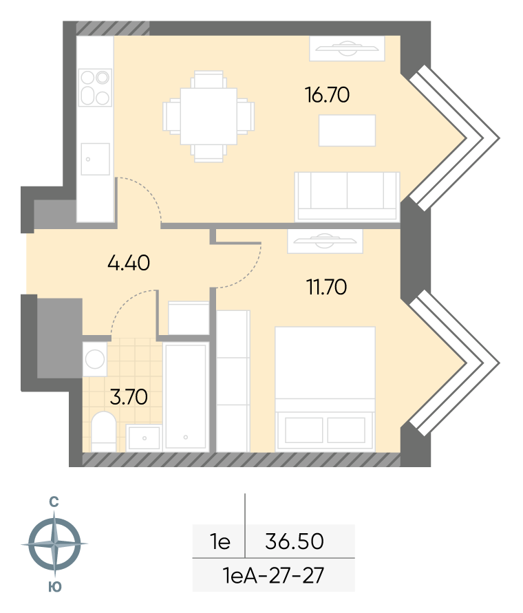 Исходная планировка 1-комнатная, 36,5 м²