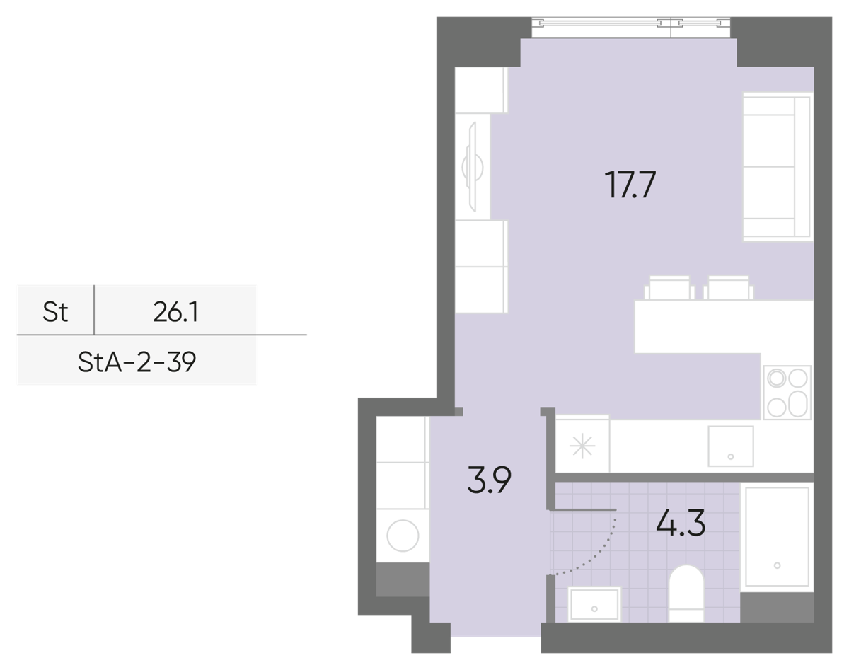 Исходная планировка Студия, 26,1 м²