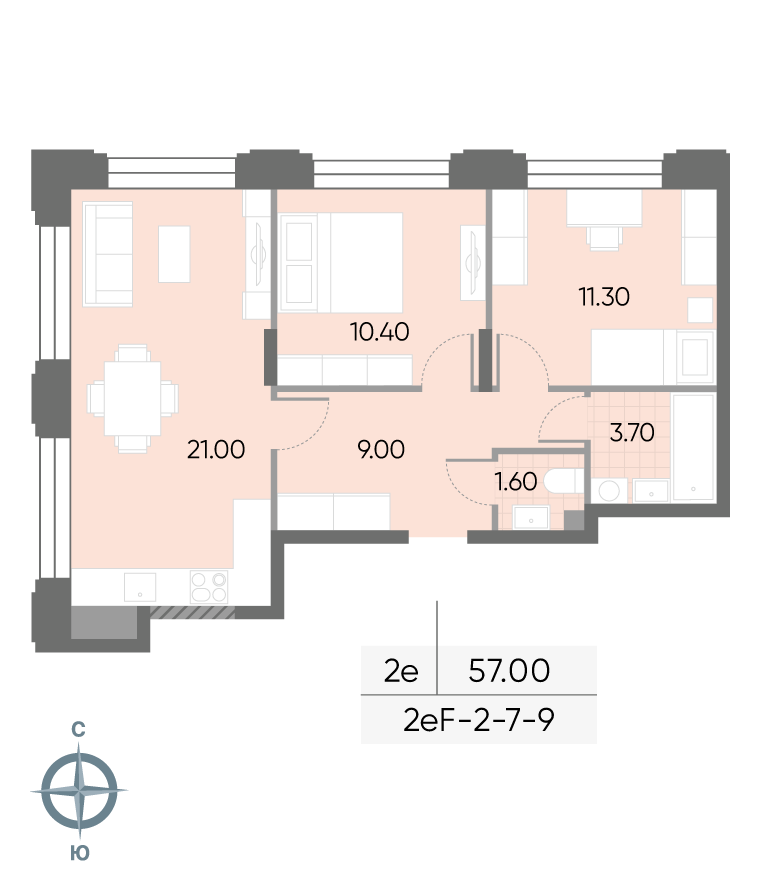 Исходная планировка 2-комнатная, 57 м²