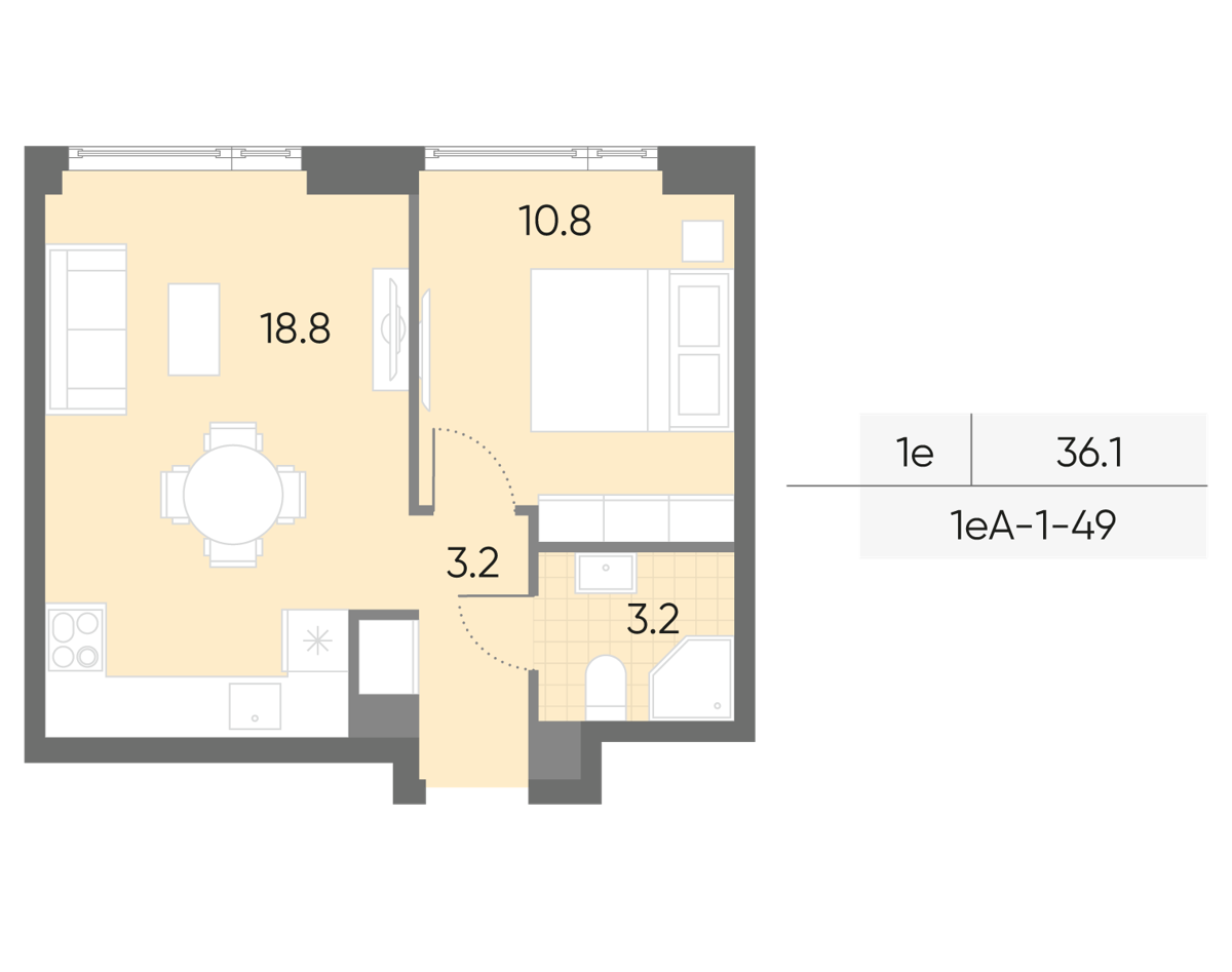 Исходная планировка 1-комнатная, 36,1 м²