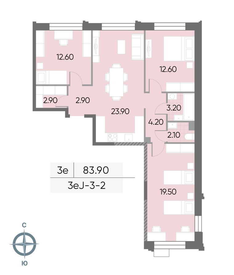 Исходная планировка 3-комнатная, 83,9 м²