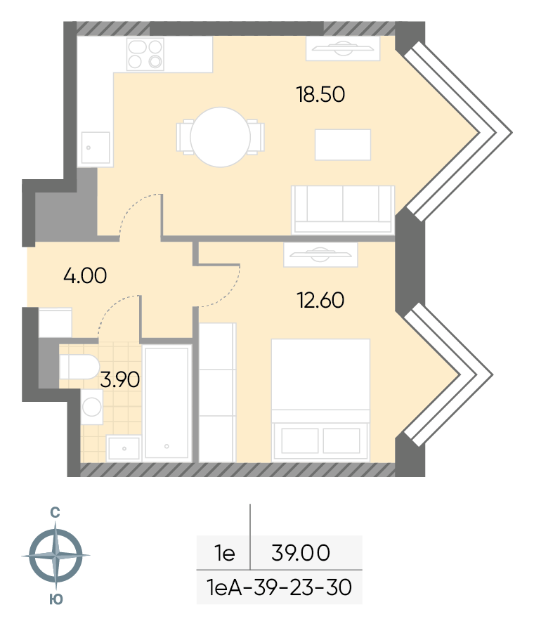 Исходная планировка 1-комнатная, 39 м²