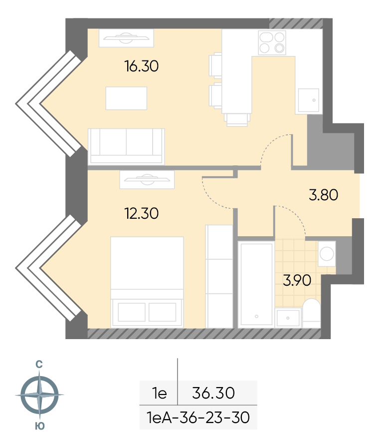 Исходная планировка 1-комнатная, 36,3 м²