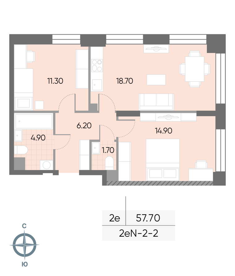 Исходная планировка 2-комнатная, 57,7 м²