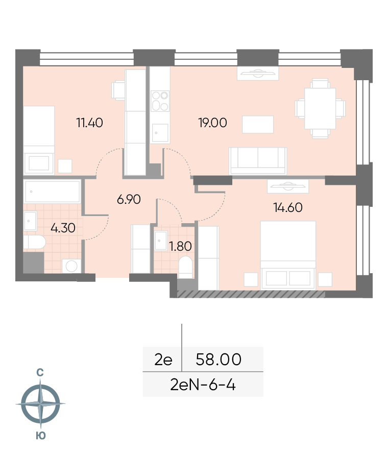 Исходная планировка 2-комнатная, 58 м²