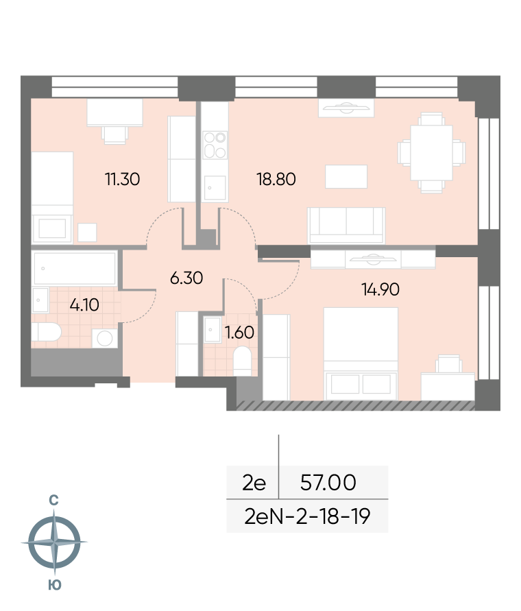 Исходная планировка 2-комнатная, 57 м²