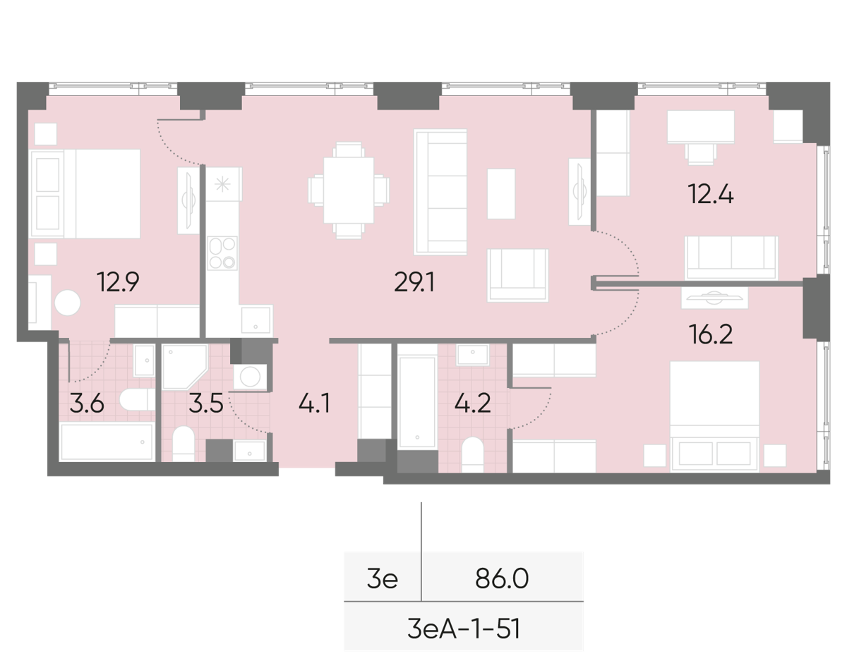 Исходная планировка 3-комнатная, 86 м²