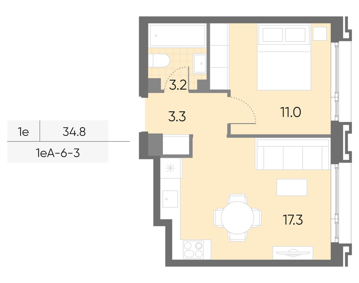 Исходная планировка 1-комнатная, 34,8 м²
