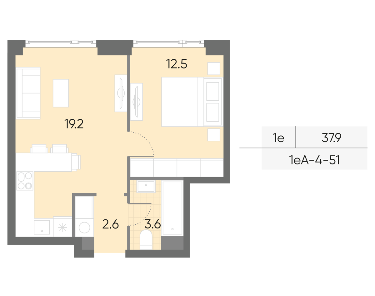 Исходная планировка 1-комнатная, 37,9 м²