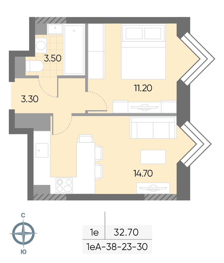 Исходная планировка 1-комнатная, 32,7 м²