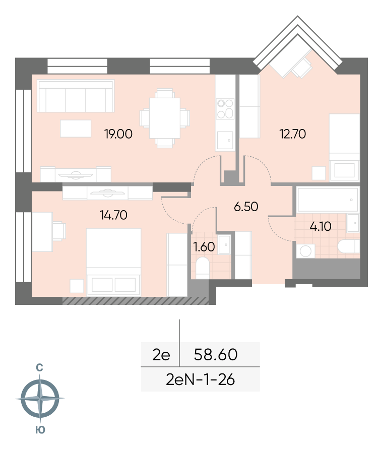 Исходная планировка 2-комнатная, 58,6 м²