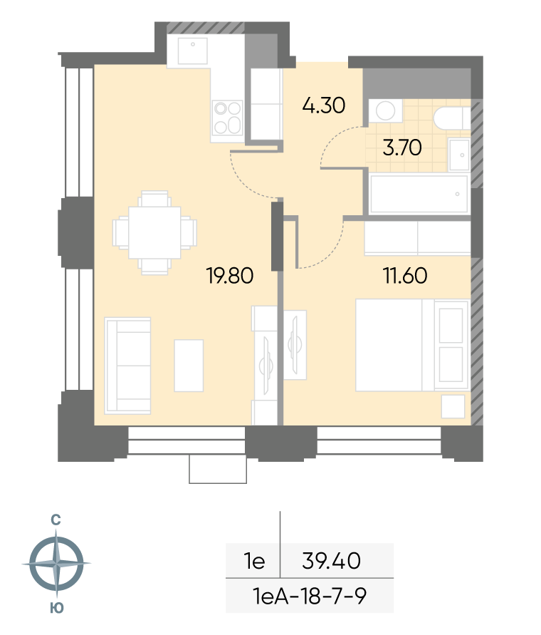 Исходная планировка 1-комнатная, 39,4 м²