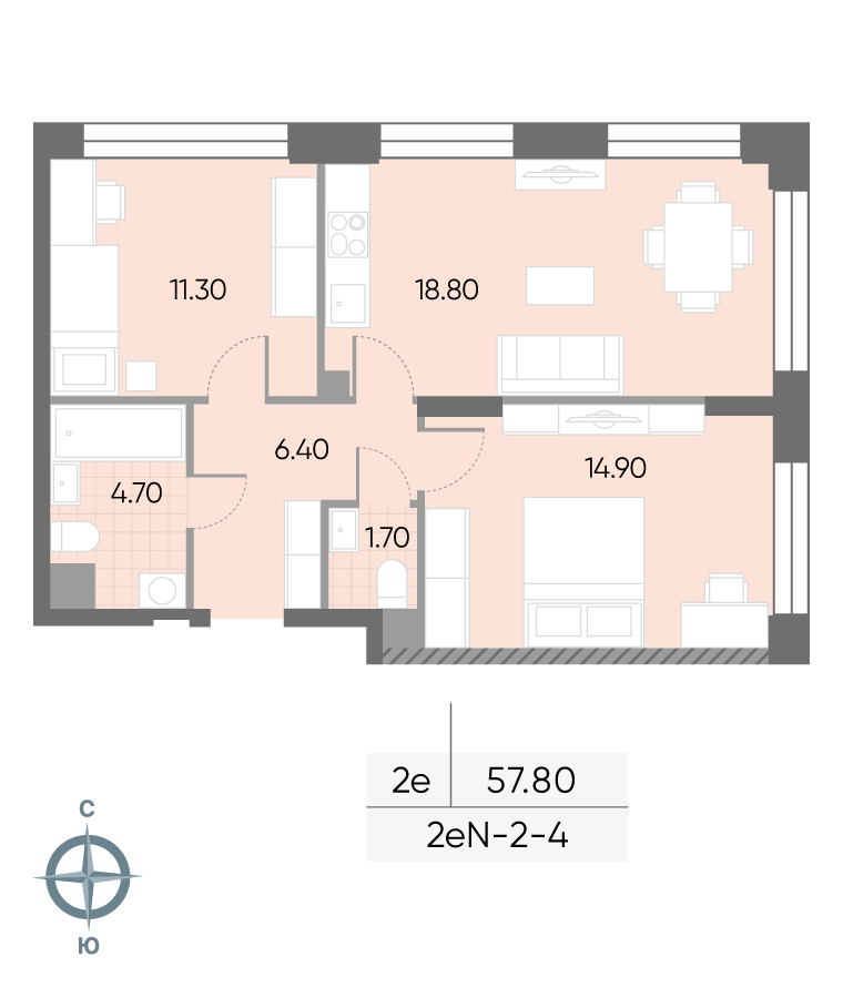 Исходная планировка 2-комнатная, 57,8 м²