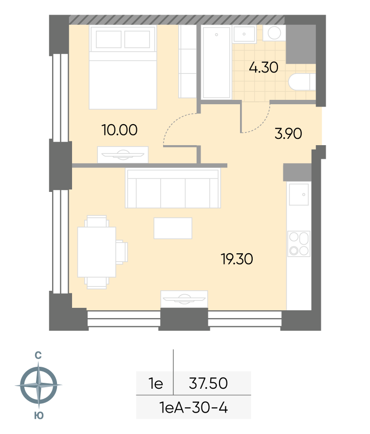 Исходная планировка 1-комнатная, 37,5 м²