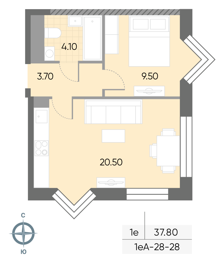 Исходная планировка 1-комнатная, 37,8 м²