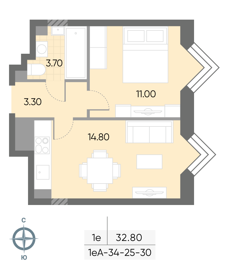 Исходная планировка 1-комнатная, 32,8 м²