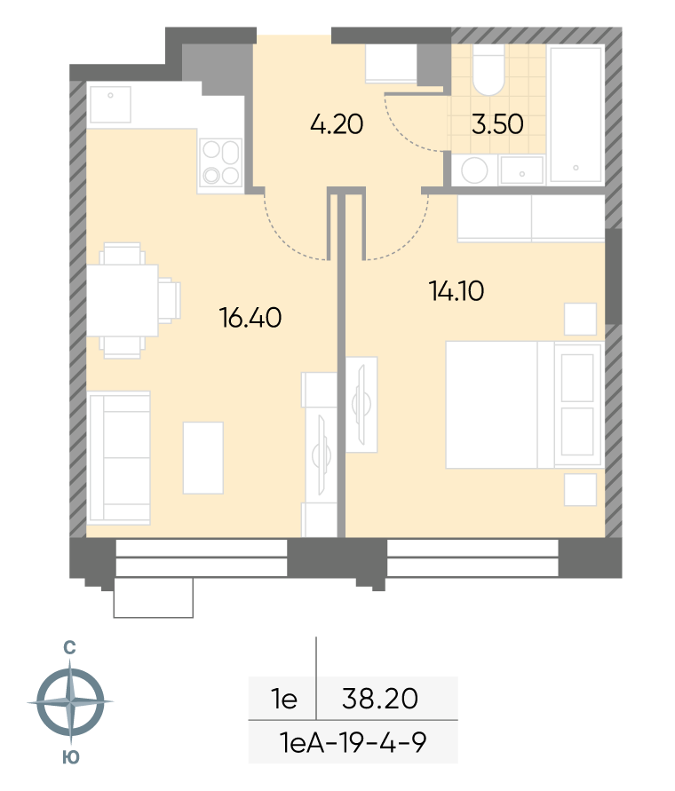 Исходная планировка 1-комнатная, 38,2 м²