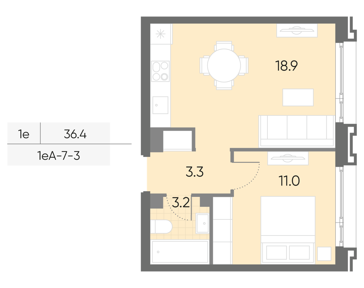Исходная планировка 1-комнатная, 36,4 м²